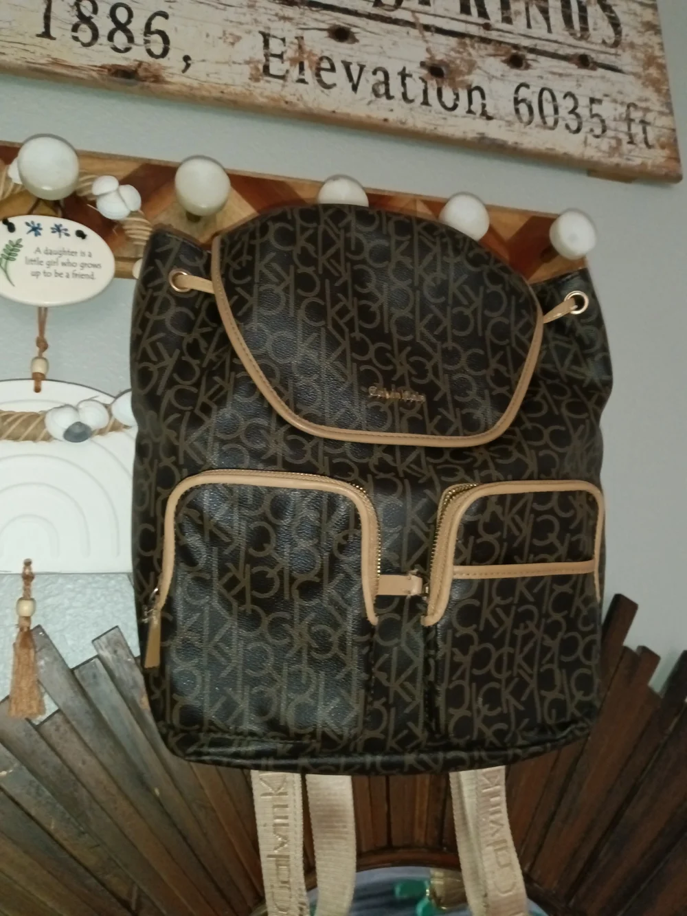 Calvin Klein Brown Logo-Print Backpack with Tan Trim